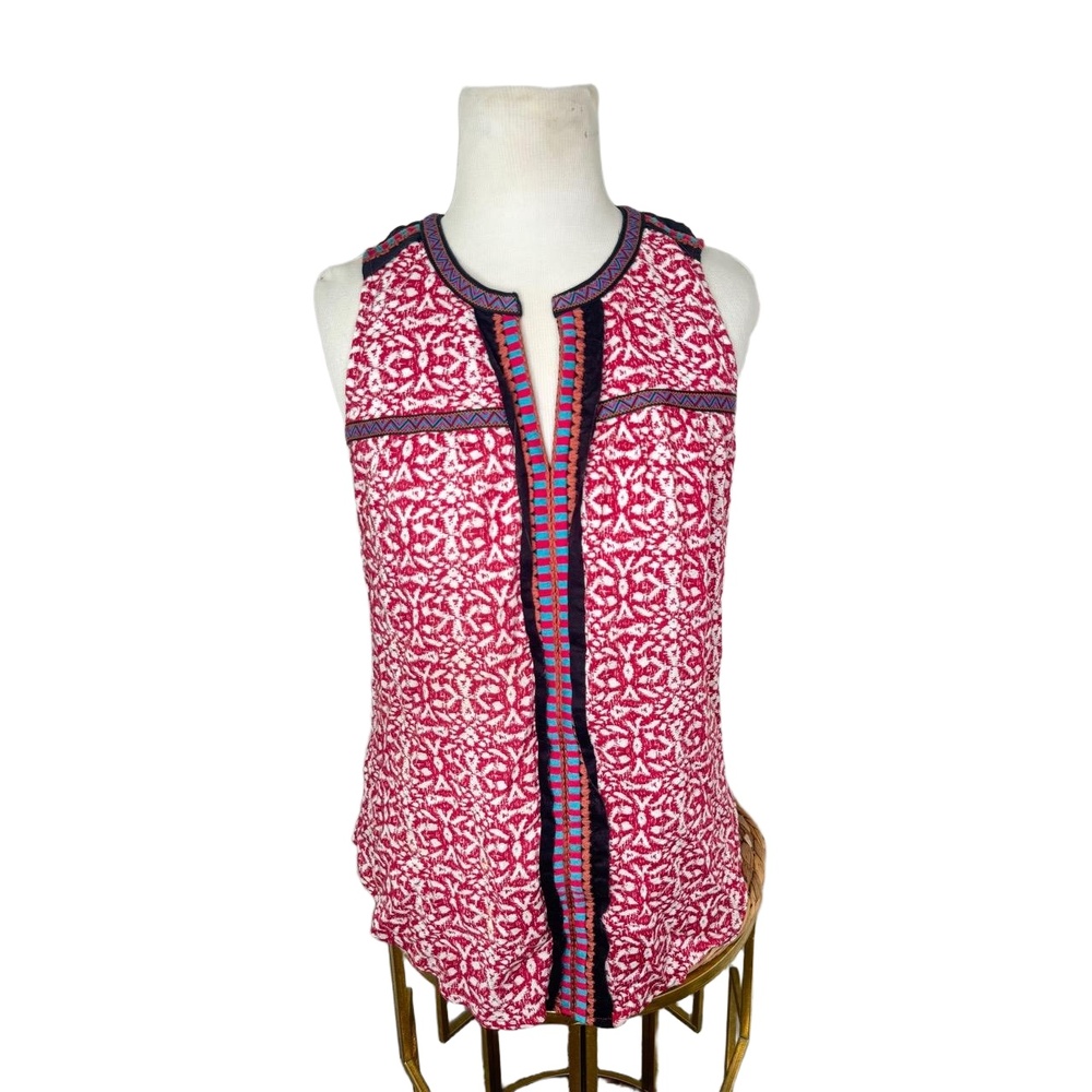 A Common Thread Top Notch Neck Dark Red White Batik Print Embroidered Boho